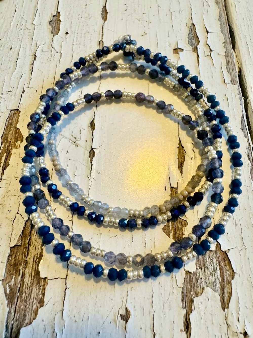 Dainty Ombre Silver Hematite, Navy Iolite, Grey Labradorite 4x Wrap Bracelet